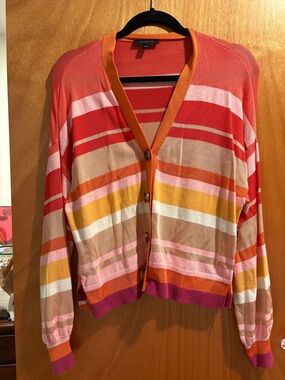 Ann Taylor Multicolor Striped V-Neck Cardigan in Coral, Pink & Yellow
